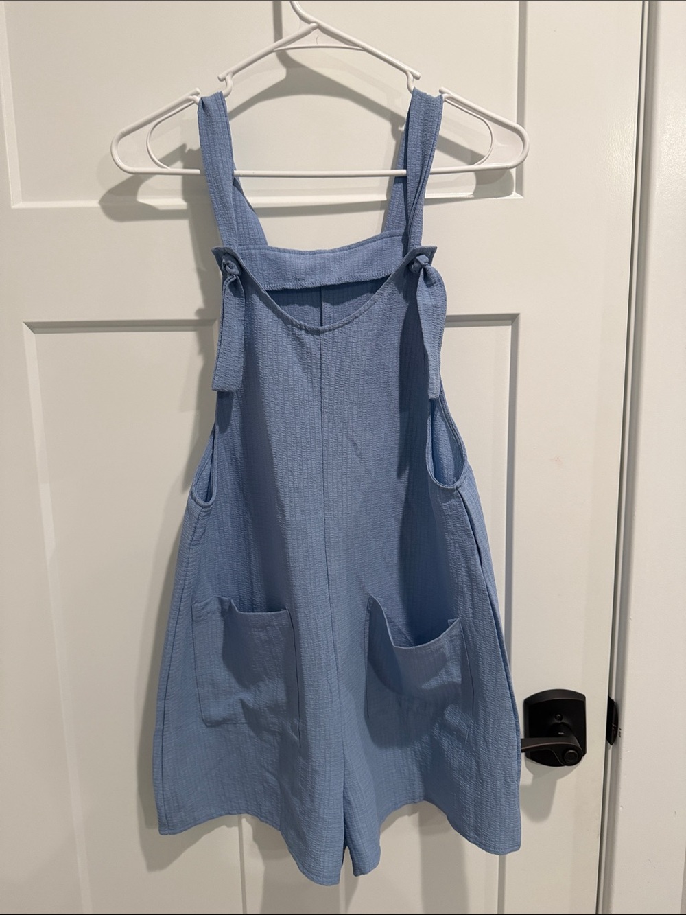 Light Blue Sleeveless Cotton Romper with Front Pockets
